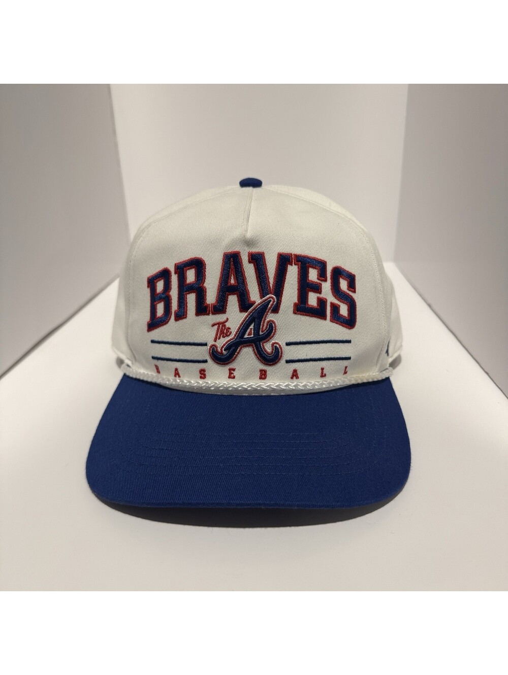 Vintage Atlanta Braves Hat Script Logo White Royal Blue Rope Snapback Cap MLB